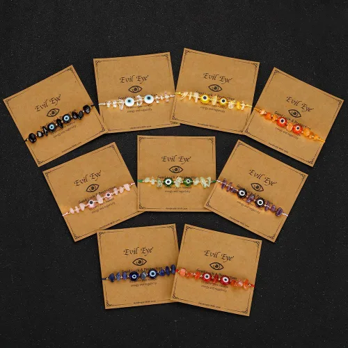 Vista 8 de Pulsera de cuentas de cristal de mal de ojo irregular, hecha a mano, ajustable, multicolor, multicolor, cuerda de cuerda inspiradora, amuleto