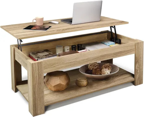 Vista 11 de CAPHAUS Mesa auxiliar elevable con almacenamiento y compartimento oculto, mesa elevadora para sala de estar, estante inferior abierto, 41 pulgadas