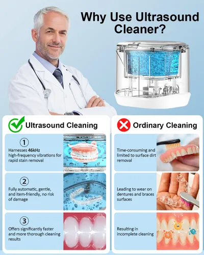 Vista 7 de BCOM Máquina limpiadora ultrasónica de retenedor, cápsula de limpieza dental de 46 Khz para frenos, protector nocturno, protector bucal, cepillo