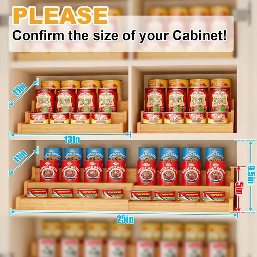 Vista 5 de Organizador de latas de bambú expandible para despensa, soporte de almacenamiento de latas ajustable de 3 niveles, organizador de soda con capacidad
