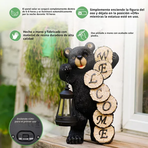 Vista 4 de Qeeman Estatua de jardín de oso solar: figura de resina resistente a la intemperie con linterna de brillo cálido, decoración al aire libre
