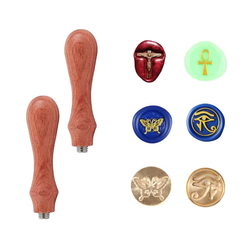 Vista 12 de Juego de 6 piezas de sello de cera de madera con cabeza de latón extraíble + 2 asas de madera + caja de cofre del tesoro de madera y cuero