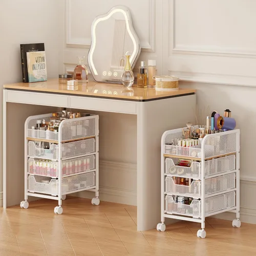 Vista 10 de Organizador de Carrito de Maquillaje con 3 Cajones, Organizadores de Cuidado de la Piel de Piso con Divisores, Organizador de Tocador Estuches