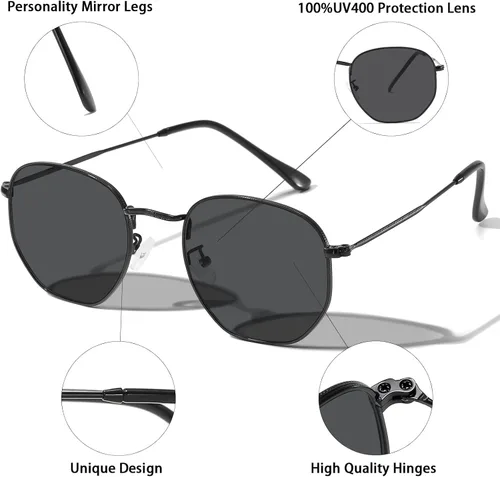 Vista 2 de Gafas de sol polarizadas hexagonales de metal, montura pequeña, unisex, para mujeres y hombres, protección UV, gafas ligeras