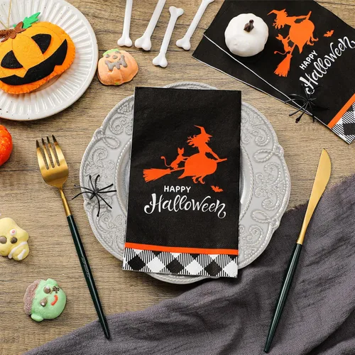 Vista 4 de 100 servilletas de papel de Halloween con diseño de bruja de Halloween, servilletas de cóctel desechables, servilletas de cóctel para cena, toalla