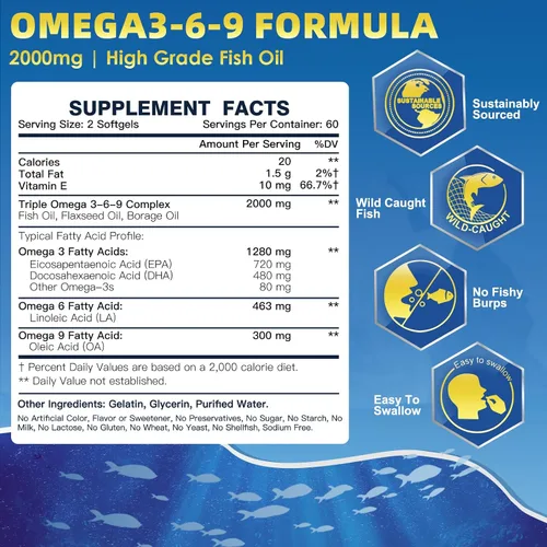 Vista 2 de DRFOSTER Triple Omega 3-6-9 Aceite de pescado 2000 mg con vitamina E, 120