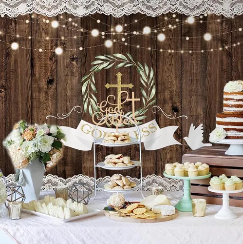 Vista 6 de Decoración para pastel con texto en inglés "God Bless", suministros de decoración de bautismo de madera para niños y niñas, accesorios para cabina