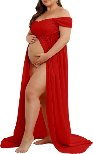 Vista 2 de Vestido de maternidad para sesión de fotos con hombros descubiertos, vestido de gasa con abertura frontal, maxi vestidos de embarazo para fotografía
