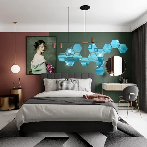 Vista 5 de Juego de 12 calcomanías de pared para bricolaje, espejo hexagonal, para decoración de sala de estar, dormitorio (azul)