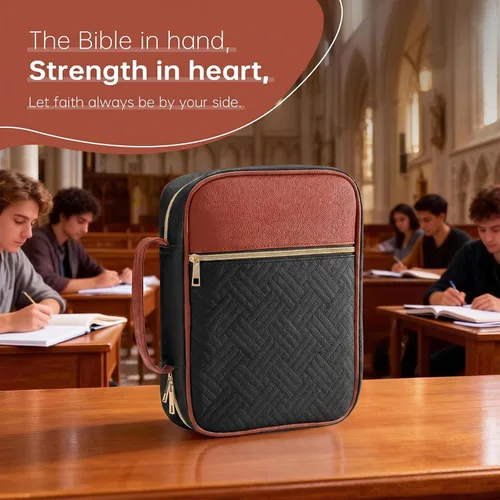 Vista 6 de Funda para la Biblia, funda para libro de la Biblia para mujeres y hombres, funda de transporte de lona, protector de libros acolchada de cuero