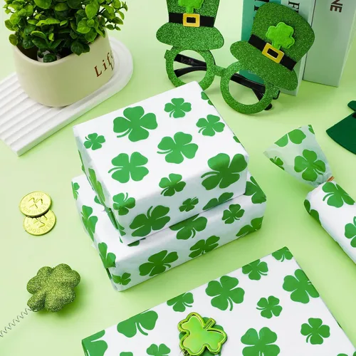 Vista 6 de Whaline 100 hojas de papel de seda para el día de San Patricio, acuarela, trébol, papel de regalo de trébol verde, papel de regalo para el hogar