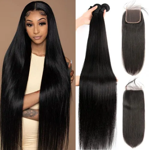 Vista 30 de YISEA Paquetes de cabello humano liso con cierre de encaje (12 14 16+10 cierre) Paquetes de cabello humano 3 con cierre de encaje 4x4 100%