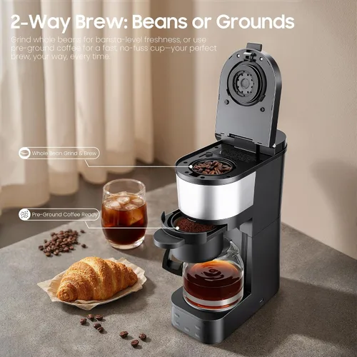 Vista 3 de ATSENT Cafetera de Moler y Preparar Café, Cafetera de Goteo con Molinillo Integrado, Máquina de Café Programable de 5 Tazas con Intensidad