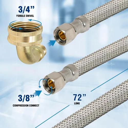 Vista 3 de Highcraft CNCT28772-OM Conector, conecta el lavavajillas al agua, línea de suministro Dishwsher con codo giratorio, acero inoxidable trenzado de 72