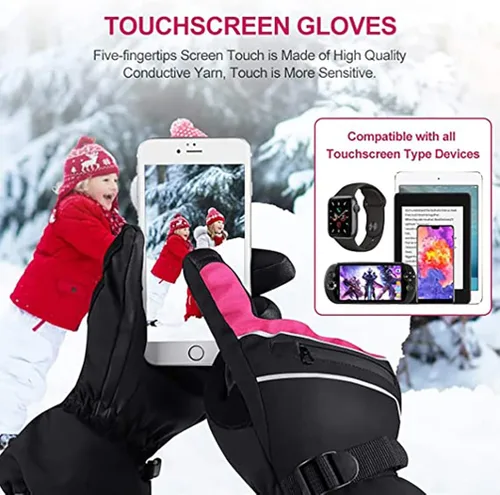 Vista 6 de Guantes de esquí impermeables, guantes de snowboard para pantalla táctil, guantes de nieve de invierno, guantes de clima frío para hombres y mujeres