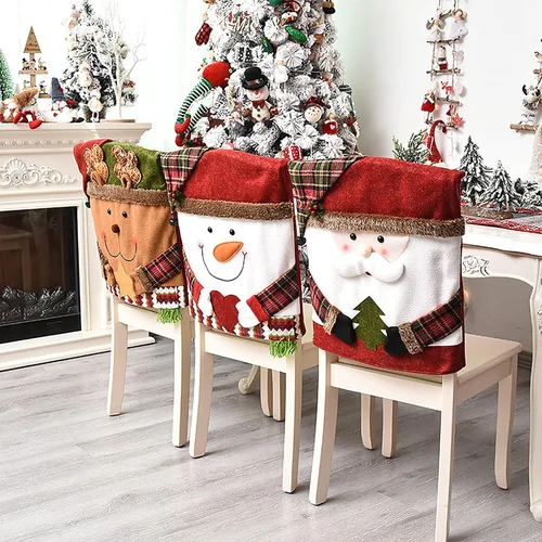 Vista 4 de 3 fundas para sillas de Navidad, Papá Noel, muñeco de nieve, para silla de cena de Navidad, cubierta trasera para banquete de Navidad, hogar