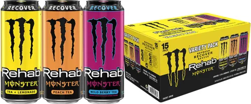 Vista 37 de Monster Energy Rehab Té Verde + Energía, Té Helado Energético, Bebida Energética 15.5 onzas (Paquete de 15) Té helado energético, paquete de 15