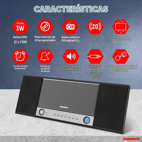 Vista 2 de Magnavox Sistema de estante de CD de 3 piezas con radio estéreo digital PLL FM