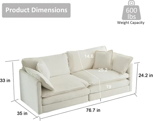 Vista 2 de KIVENJAJA Sofá biplaza de chenilla, sofá grande de 2 plazas con nube, moderno y cómodo asiento profundo con 4 almohadas para sala de estar, Beige