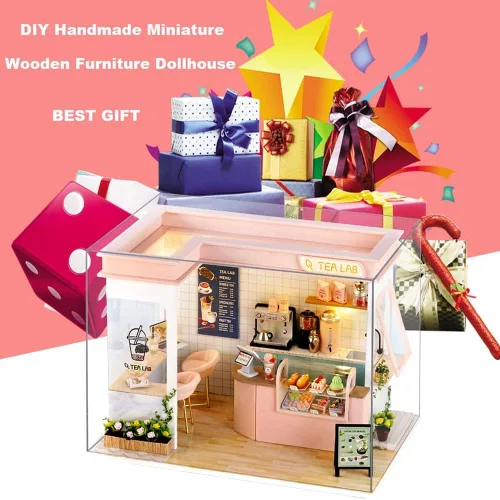 Vista 6 de Roroom Kit de casa de muñecas en miniatura y muebles, modelo de casa de muñecas de madera 3D con cubierta a prueba de polvo y LED, idea creativa