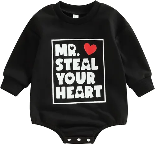 Vista 9 de SOLILOQUY Traje de manga larga con cuello redondo para el primer día de San Valentín para bebé niño y niña, mameluco de corazón de amor