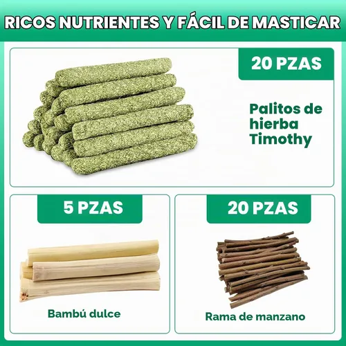 Vista 2 de WDEFUN Juego de juguetes naturales para masticar para mascotas, 20 palitos de heno Timothy, 20 ramas de manzano, 5 bambú dulce, juguetes