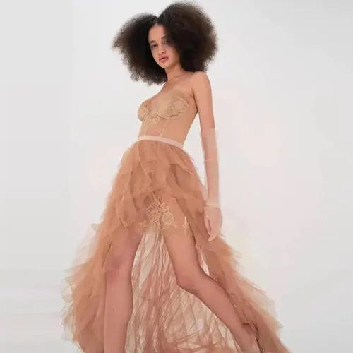 Vista 4 de SanLIJIAN Vestido de fiesta de tul para mujer, con encaje, plisado, con abertura, longitud hasta el suelo, vestidos de fiesta con cola