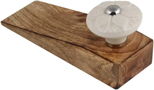 Vista 3 de IndianShelf - 1 tope decorativo de cerámica y madera para la parte inferior de la puerta, color azul, resistente, base de goma antideslizante, tope