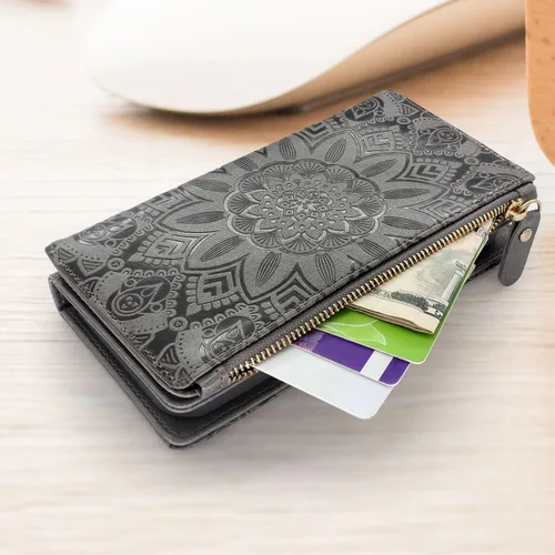 Vista 5 de Harryshell Funda de cuero desmontable con cremallera magnética con bolsillo para monedas, 12 ranuras para tarjetas, correa de muñeca para Samsung