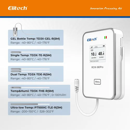 Vista 4 de Elitech Sonda de temperatura dual para RCW-360Pro, -40°F a 176°F, sensor digital de detección automática de cable de 16.4 pies con certificado