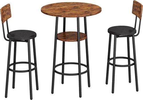 Vista 2 de Juego de mesa de comedor de 3 piezas para 2, pequeña mesa de cocina redonda con 2 sillas, mesa de bar de altura de mostrador con almacenamiento