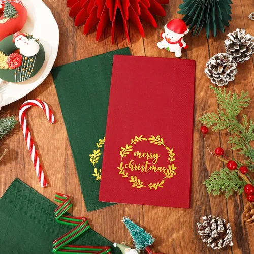 Vista 4 de Whaline Servilletas de Navidad para invitados con corona de papel de aluminio dorado, servilletas desechables de 3 capas, servilletas de baño