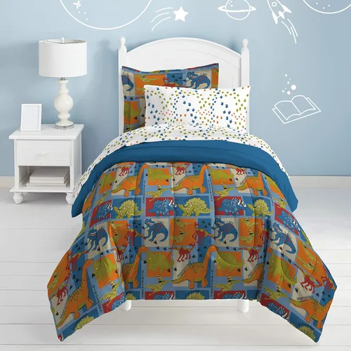 Vista 2 de Dream Factory Dinosaur Blocks - Juego de edredón de microfibra ultrasuave para niños, color azul, tamaño individual Bloques de dinosaurios azules
