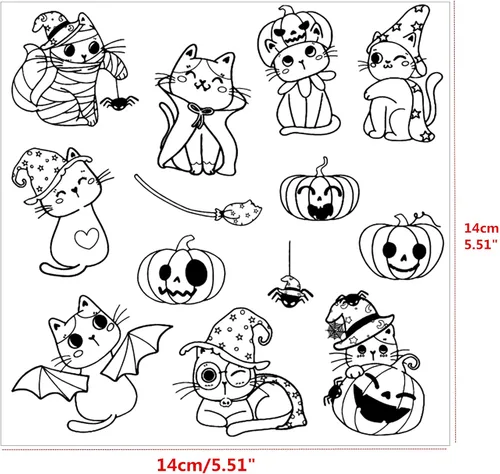 Vista 3 de Sellos transparentes de gato de Halloween para hacer tarjetas o diario de Halloween, calabaza, bruja, araña, lindo gatito, sellos de silicona