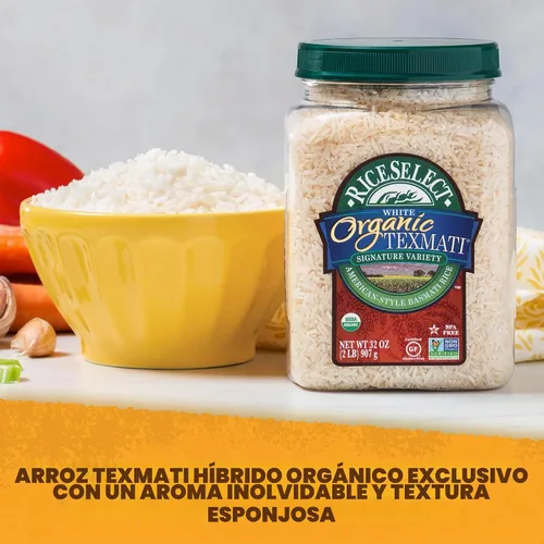 Vista 2 de RiceSelect arroz orgánico texmati basmati blanco, arroz premium sin OMG sin gluten de grano largo blanco, frasco de 32 onzas