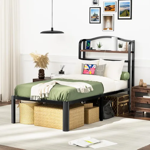 Vista 9 de Base de cama Individual XL con cabecera, base de colchón de metal, armazón de cama de 18 pulgadas de alto, no necesita somier, base de cama de 46 cm