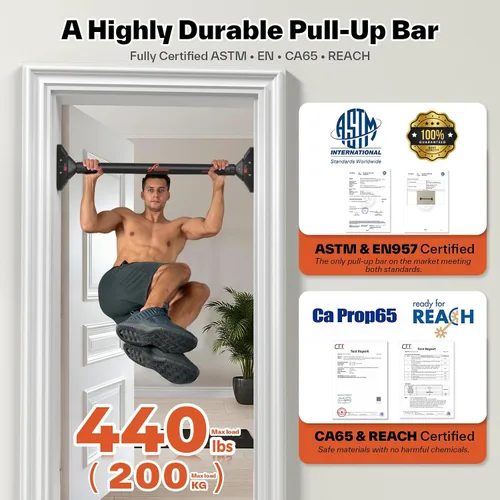 Vista 5 de Sportneer Pull Up Bar Doorway Chin Up Bar No Screws Door Frame Chin Up Push Up Sit Up Bar Adjustable 75-94cm (29.5''-37'') Up to 200kg Capacity