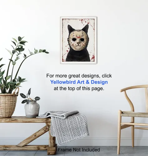 Vista 6 de Arte y diseño de pájaro amarillo de gato – Arte de pared de viernes 13 – Bonita decoración de gato para hombres – Divertido regalo de gatito