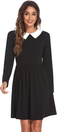 Vista 2 de POGTMM Womens Halloween Costume Dress Long Sleeve Black Dress Addmans Family Collar Dress