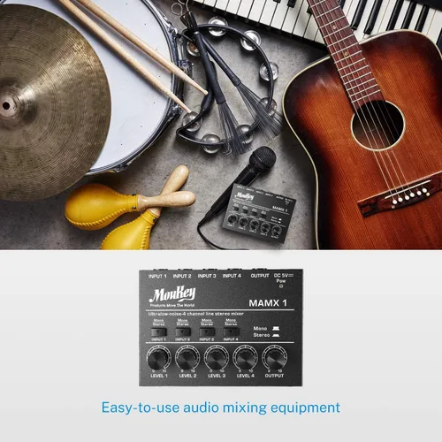 Vista 6 de Moukey Mini Mezclador de Audio, DC 5V, 4 Estéreo Ultra, Mezclador de Línea de 4 Canales de Bajo Ruido para Sub-Mezcla, para Pequeños Clubes o Bares