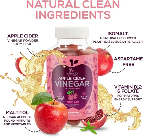 Vista 5 de Gomitas de vinagre de sidra de manzana, 1000 mg por porción, suplemento de vitaminas ACV sin azúcar, vitamina B12 y B6 para energía, soporte