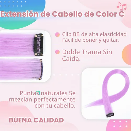 Vista 5 de Extensiones de cabello de colores, extensión de cabello liso con clip de 22 pulgadas, extensiones de cabello con brillantina multicolor arcoíris