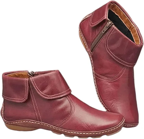 Vista 37 de Ladmiple Botas de tobillo para mujer, sin tacón, casual, con cremallera lateral, botas cortas vaqueras occidentales, zapatos para caminar