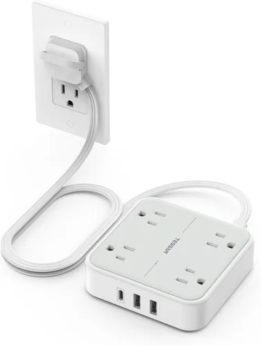Vista 18 de TESSAN Cable de extensión plano protector de sobretensiones de 1 pie, regleta de enchufe con anillo con 4 tomas, 3 puertos USB (1 USB C), protección