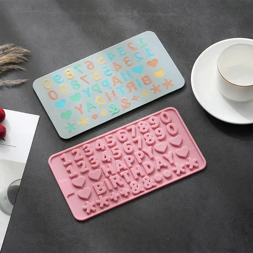Vista 6 de Juego de 2 moldes de silicona con números de letras pequeñas, chocolate con caramelo, antiadherente, decoración de pastel de feliz cumpleaños, molde