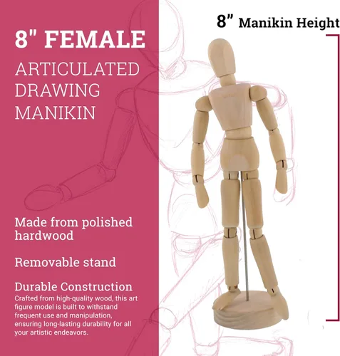 Vista 3 de US Art Supply® - Maniquí articulado de madera de 8 pulgadas para mujer, maniquí articulado con base y cuerpo flexible, perfecto para dibujar