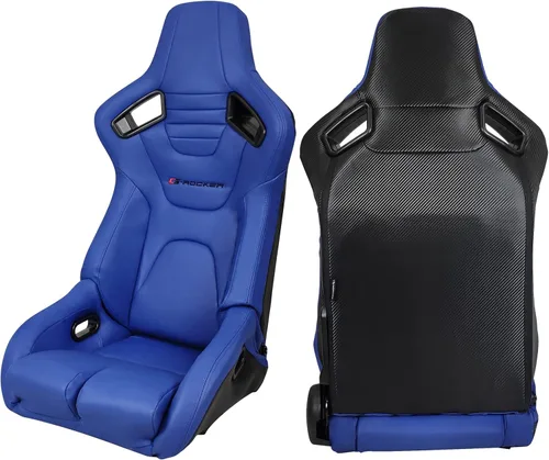 Vista 2 de IKON MOTORSPORTS, Par de asientos universales de carreras con deslizadores dobles, cuero de PU azul y carbono reclinable izquierdo y derecho