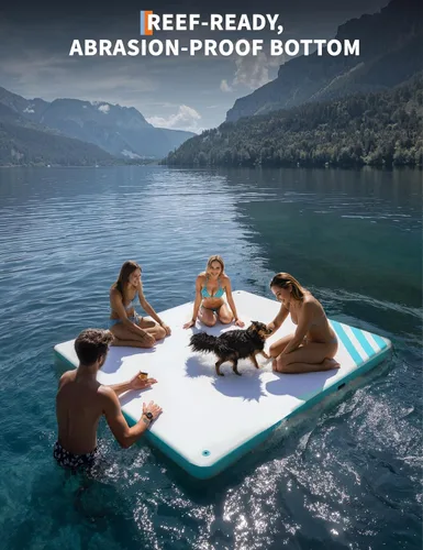 Vista 4 de Muelle flotante inflable, plataforma de muelle de aire, superficie antideslizante, flotadores gruesos para lago con bolsa de transporte portátil