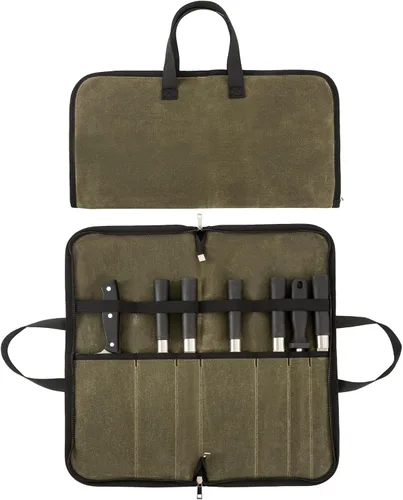 Vista 10 de Rollo de cuchillos, bolsa resistente para cuchillos, estuche de lona encerada con 4 ranuras para cuchillos y herramientas de cocina, bolsa