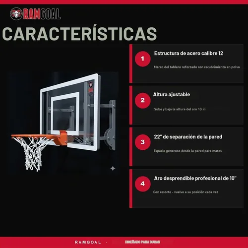 Vista 3 de RAMGOAL Canasta de baloncesto montada en la pared, mini ajustable para interiores con pelota Tablero de 24" resistente a roturas con borde